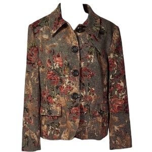 SZ10 Velvet On Tweed Wool Blend Red Brown Floral Blazer Collared Neckline